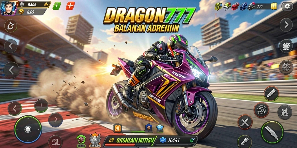 Tampilan gameplay seru dalam DRAGON777 saat balapan motor.