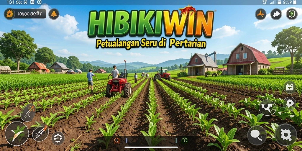 Screenshot gameplay HIBIKIWIN menampilkan suasana pertanian yang hidup dan berwarna.