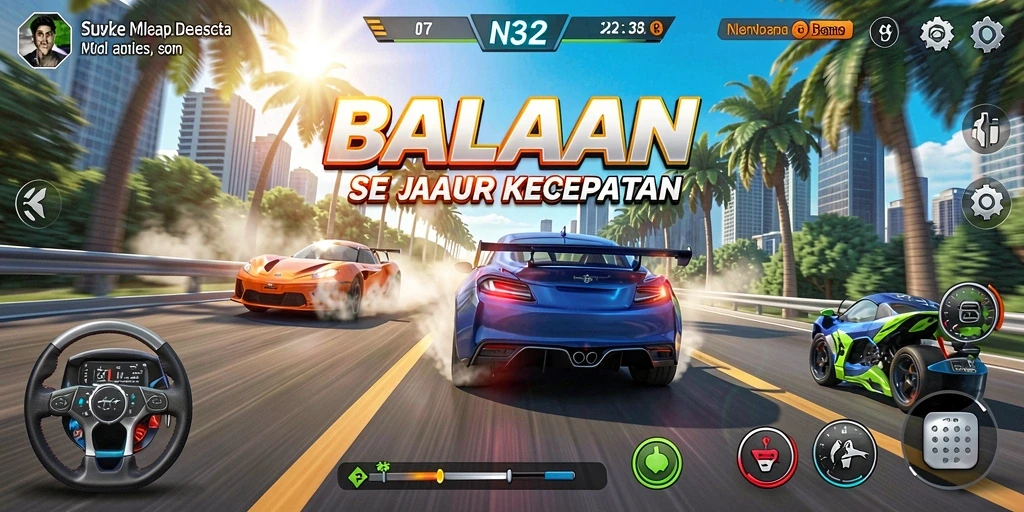 Screenshot N32 menampilkan aksi balapan yang mendebarkan dan mobil yang siap melaju.