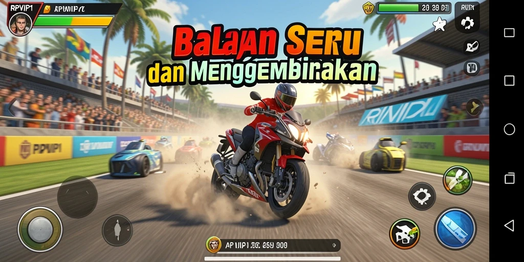 Screenshot RPVIP1 menampilkan aksi balapan mendebarkan di trek yang menantang.